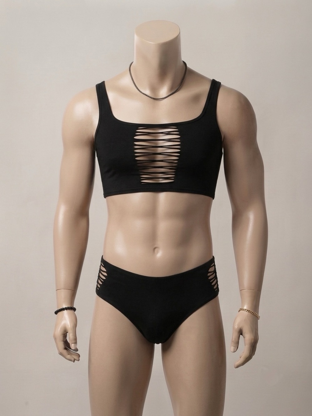 Men's Black Cutout Tank and Brief Set | OS